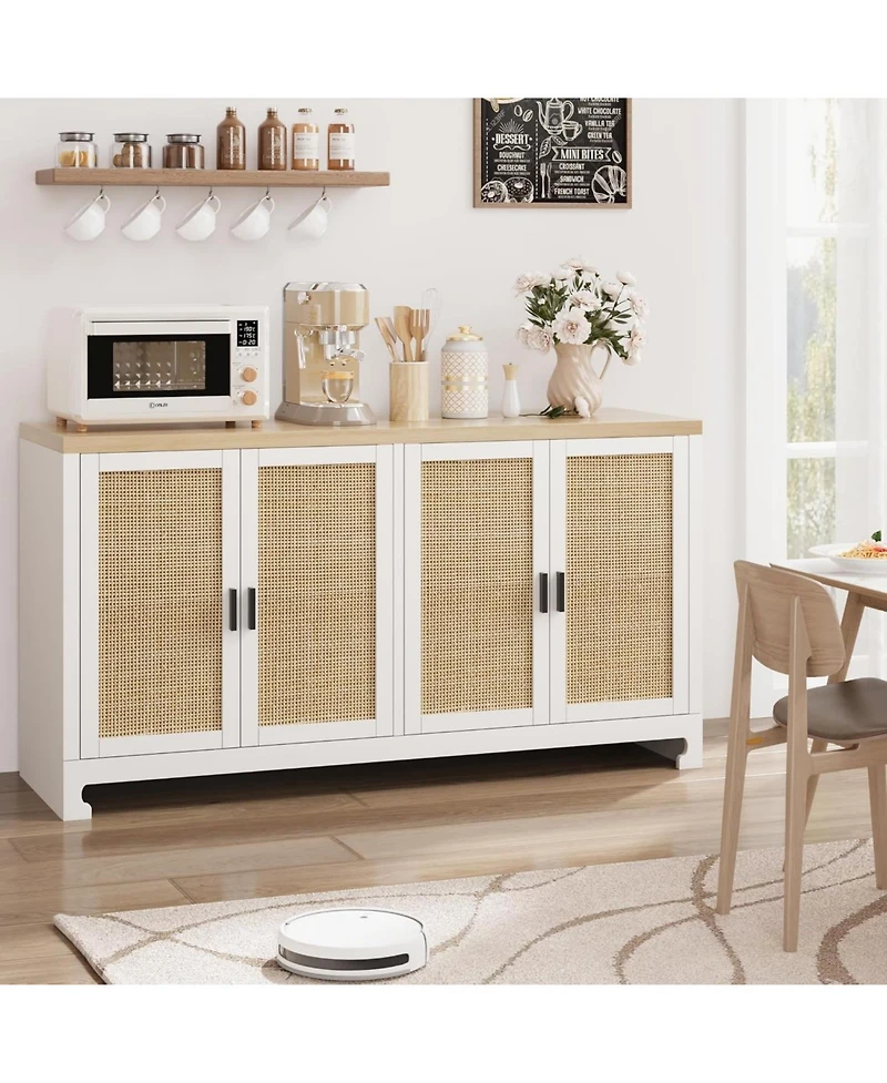 gaomon Modern Rattan Accent Storage Cabinet with 4 Doors & Shelf, Console Coffee Bar, Dining Room, Kitchen, Living Room, White
