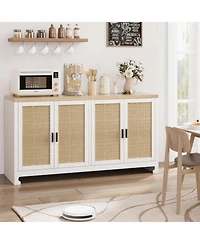 gaomon Modern Rattan Accent Storage Cabinet with 4 Doors & Shelf, Console Coffee Bar, Dining Room, Kitchen, Living Room, White