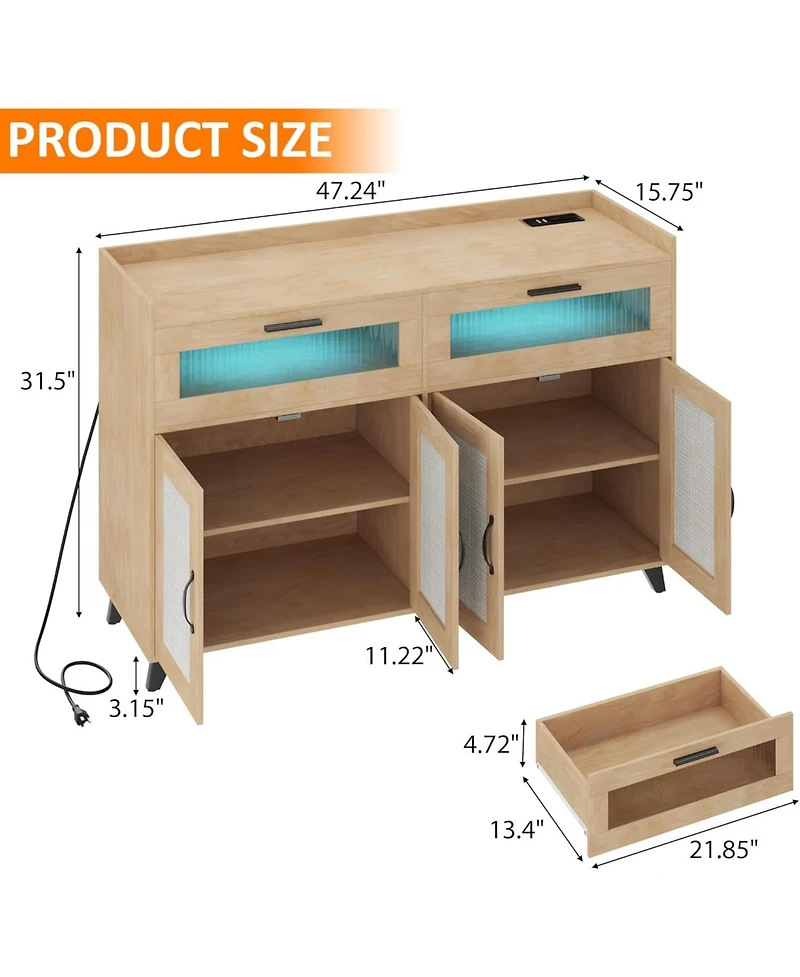 gaomon Farmhouse Storage Cabinet with Charging Station, Led Light, Rattan Buffet, Heavy Duty, Kitchen, Living Room