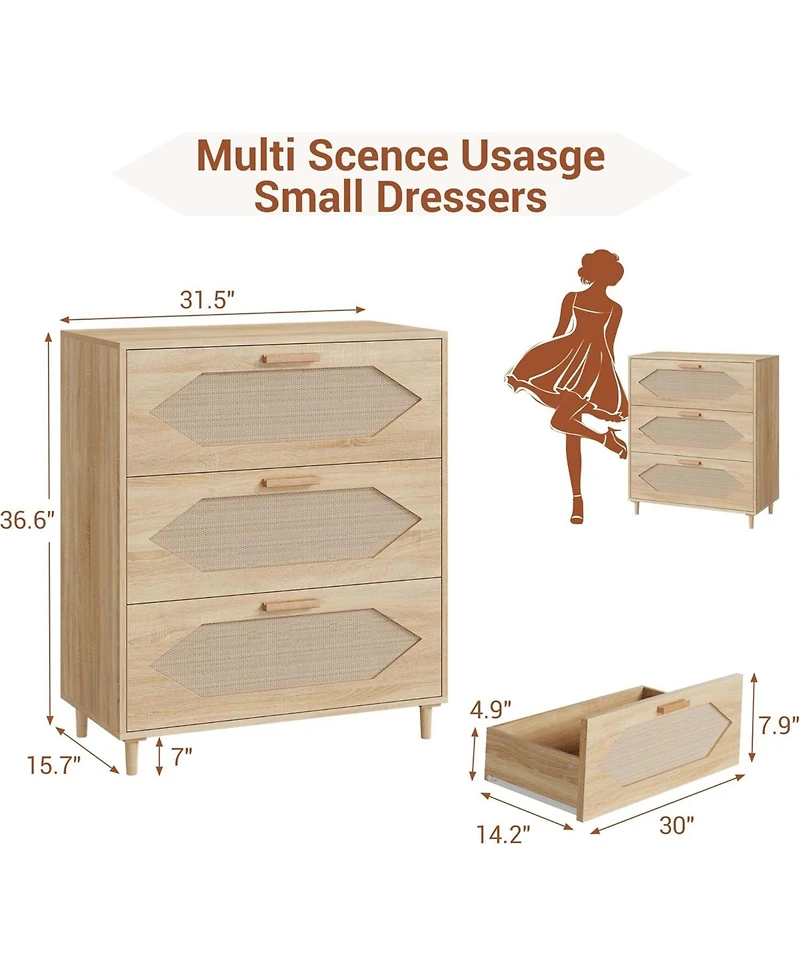 gaomon 3-Drawer Rattan Dresser with Waterproof Wood Top, Anti-Tip Safety, Storage Organizer for Bedroom, Living Room