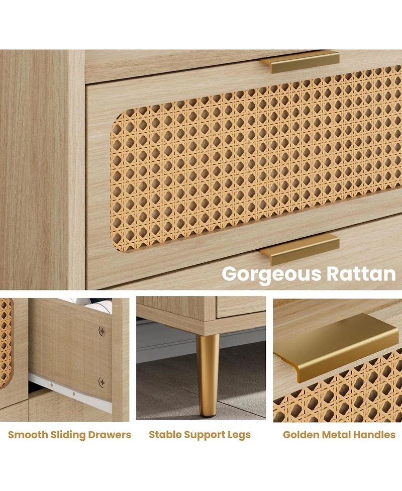 gaomon 6-Drawer Double Dresser, 47" Wide, Modern Wood Chest, Rattan Storage for Bedroom