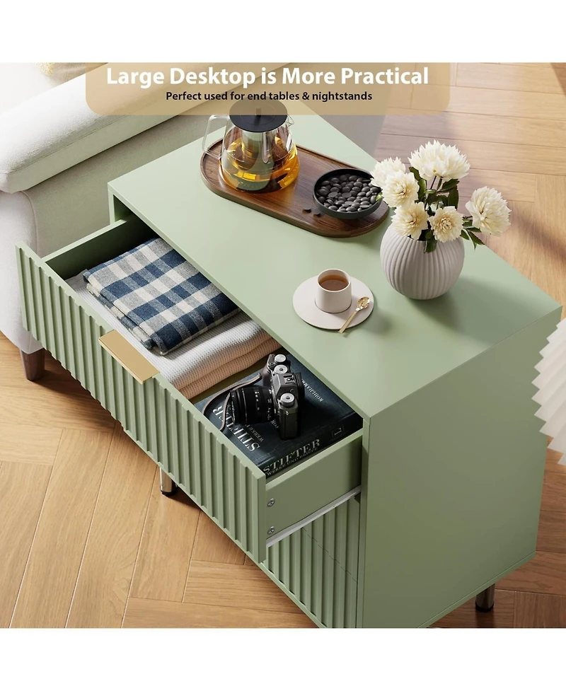 gaomon 3-Drawer Modern Fluted Green Dresser, Stylish Nightstand with Deep Drawers, Wide Top, Organizer for Bedroom
