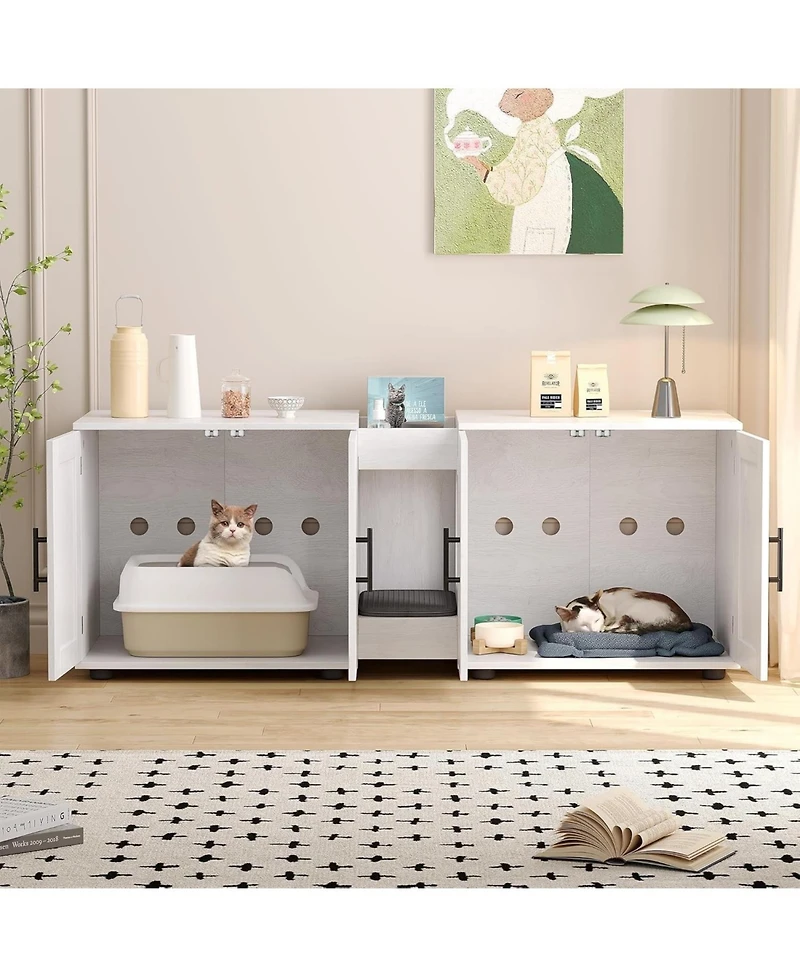 gaomon Double Room Cat Litter Cabinet, Stylish Storage Litter Box Enclosure for Two Cats, Cat Mat, Organizer, White