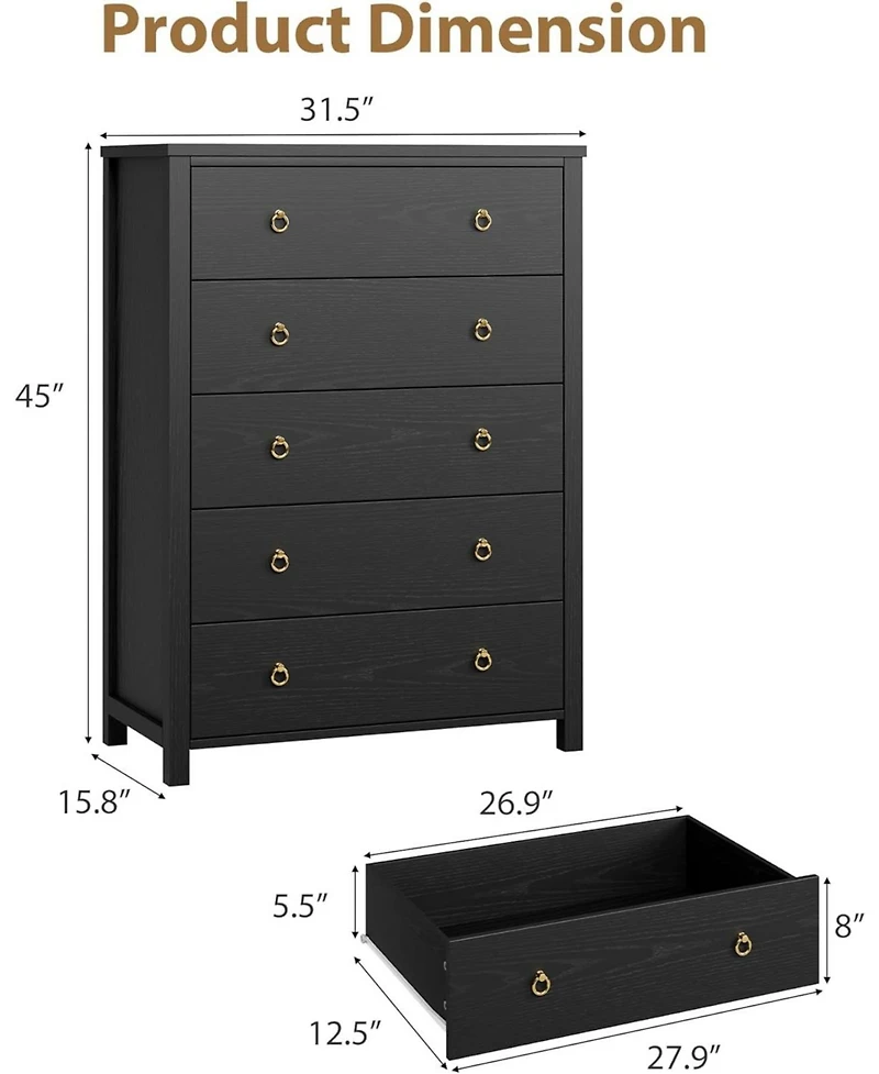 gaomon 5-Drawer Black Tall Dresser, 45" Wooden Chest, Clothes Storage Cabinet, Drawer Organizer for Bedroom, Living Room