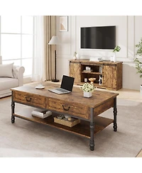 gaomon 41 Inch 2-Drawer Retro Style Wood Coffee Table, Multi-Functional Storage Center Table for Living Room