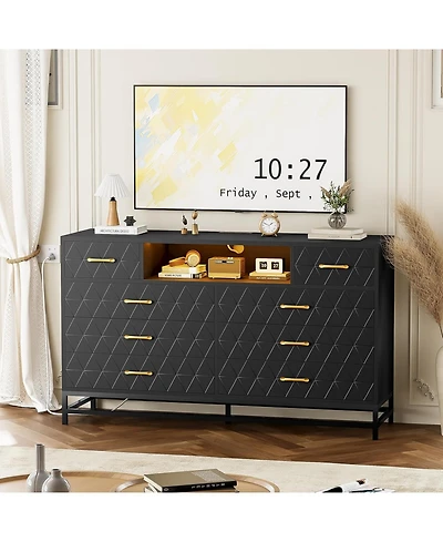 gaomon 8-Drawer Minimalist White Dresser with Led & Power Outlet, 55" Tv Stand, Deep Storage Cabinet