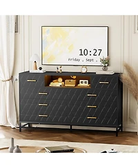 gaomon 8-Drawer Minimalist White Dresser with Led & Power Outlet, 55" Tv Stand, Deep Storage Cabinet