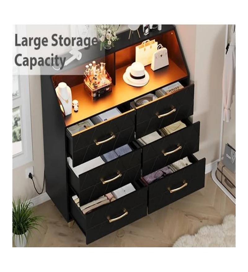 gaomon 6-Drawer Modern Dresser with Led Light, Charging Station, Storage Shelf, Gold Legs, 47" Cabinet for Bedroom, Living Room