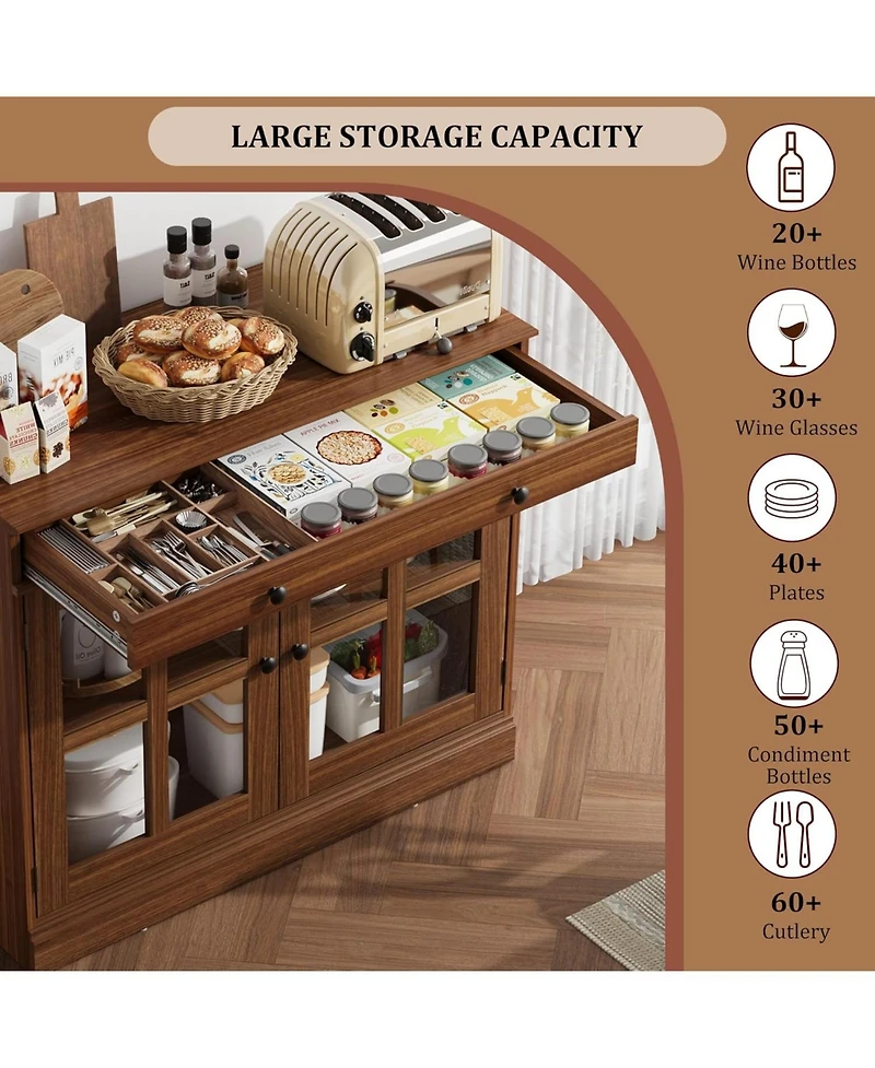 gaomon 35.4 Inch Walnut Sideboard Buffet Cabinet, Glass Door, Drawer Storage, Modern Dining Room, Kitchen Cabinet