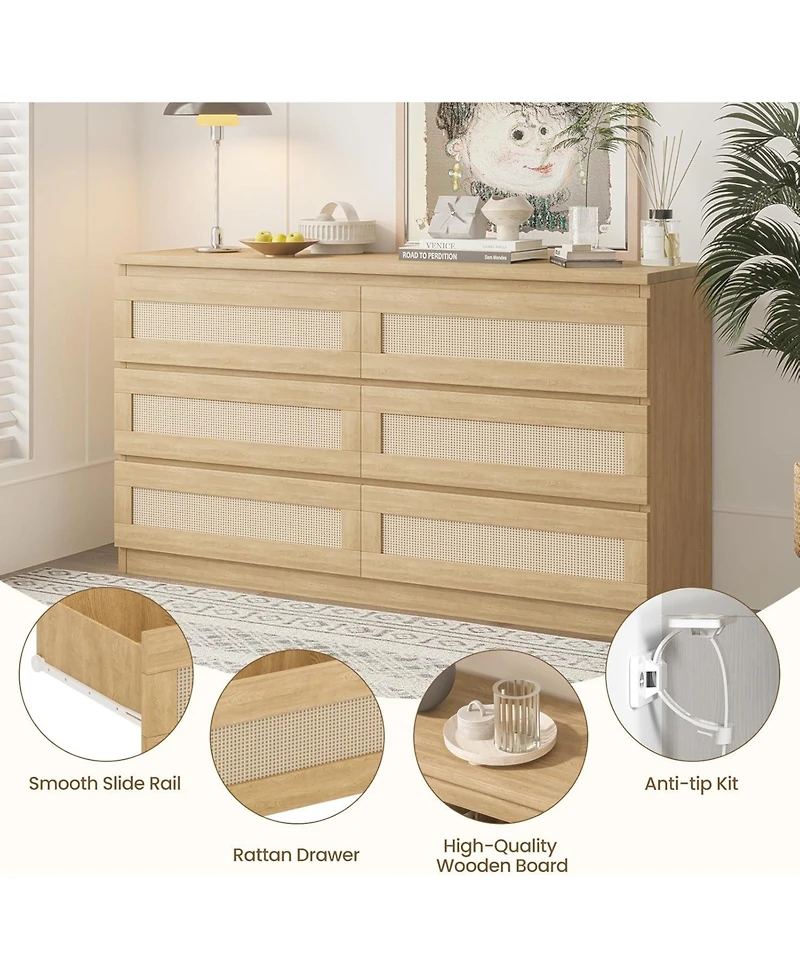 gaomon 6 Drawer Natural Wood Multi-Purpose Rattan Fronts, Smooth Operation, Tv Stand - Dresser