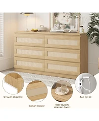 gaomon 6 Drawer Natural Wood Multi-Purpose Rattan Fronts, Smooth Operation, Tv Stand - Dresser