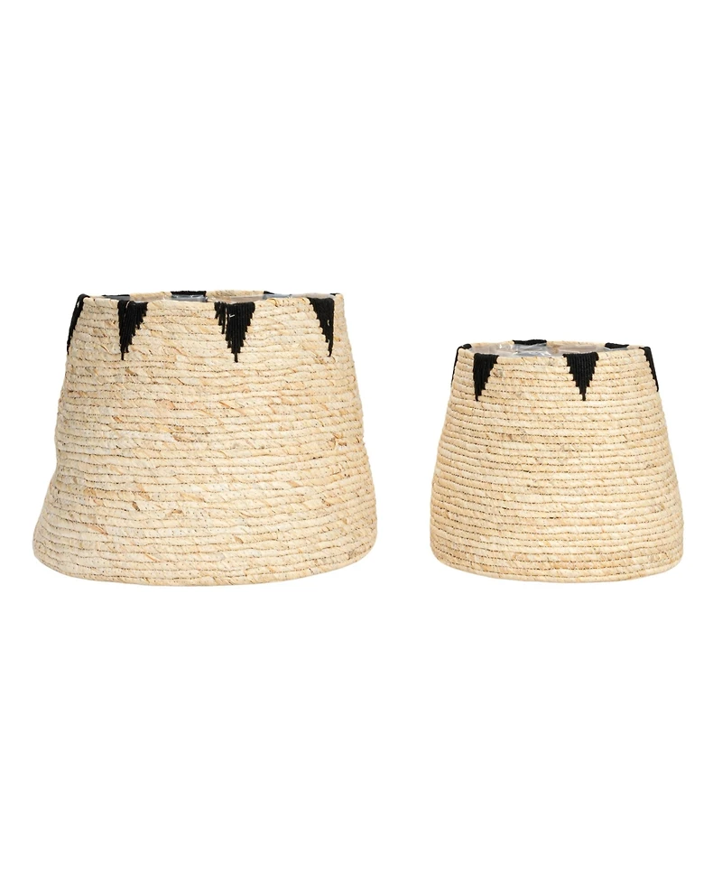 Household Essentials Round Handwoven Corn Leaf Basket Set of 2 with Plastic Liner, Natural with Black Accents