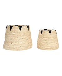Household Essentials Round Handwoven Corn Leaf Basket Set of 2 with Plastic Liner, Natural with Black Accents