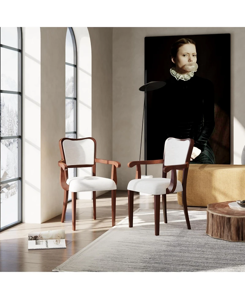 Streamdale Furniture Walnut Dining Chairs Set of 2, Beige Fabric, Padded Armrests