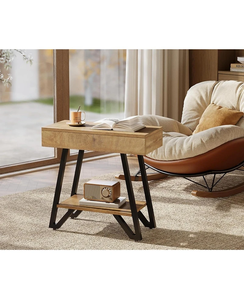 Tribesigns End Side Table Set of 2, Narrow Couch Arm Side Table with Storage Shelves, Small Bedside Nightstand