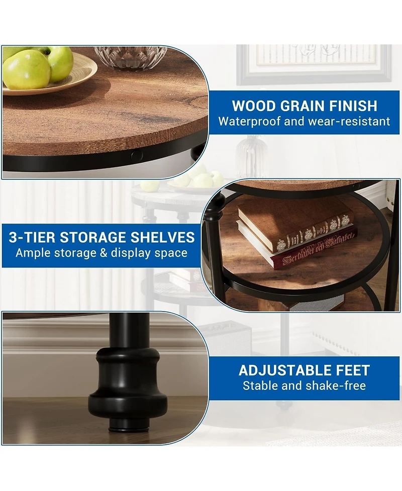 gaomon Round 3-Tier Side Table with Shelves, Small Space Coffee Table, High Load Capacity, Easy Assembly, Vintage Brown