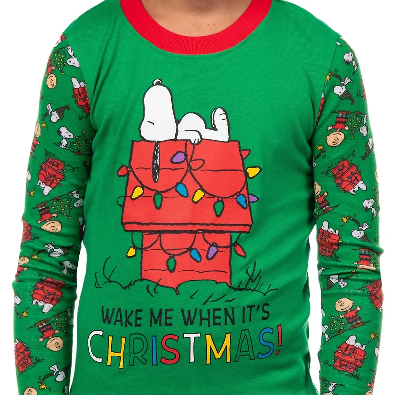 Peanuts Big Boys Snoopy Wake Me When It's Christmas Holiday 2PC Tight-Fit Pajama Set