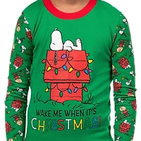 Peanuts Big Boys Snoopy Wake Me When It's Christmas Holiday 2PC Tight-Fit Pajama Set
