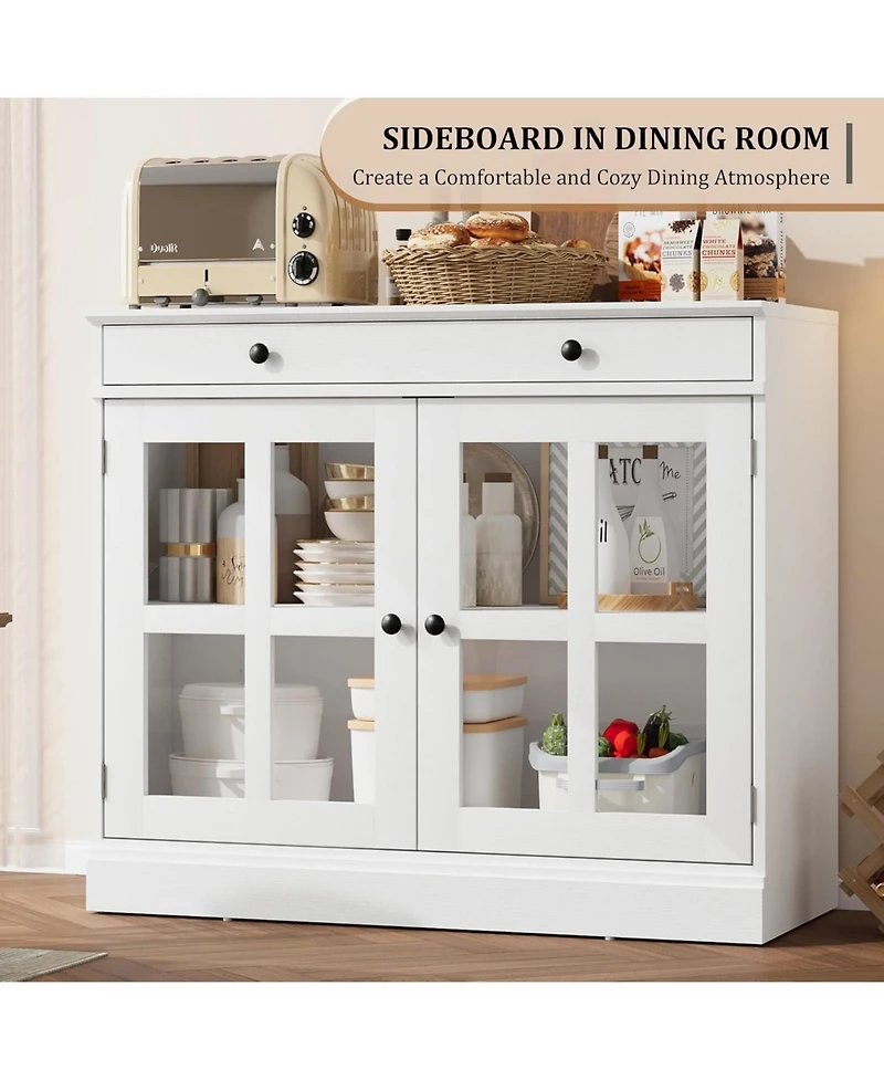 gaomon 35.4 Inch White Sideboard Buffet Cabinet, Glass Door, Drawer Storage, Modern Dining Room, Kitchen Cabinet