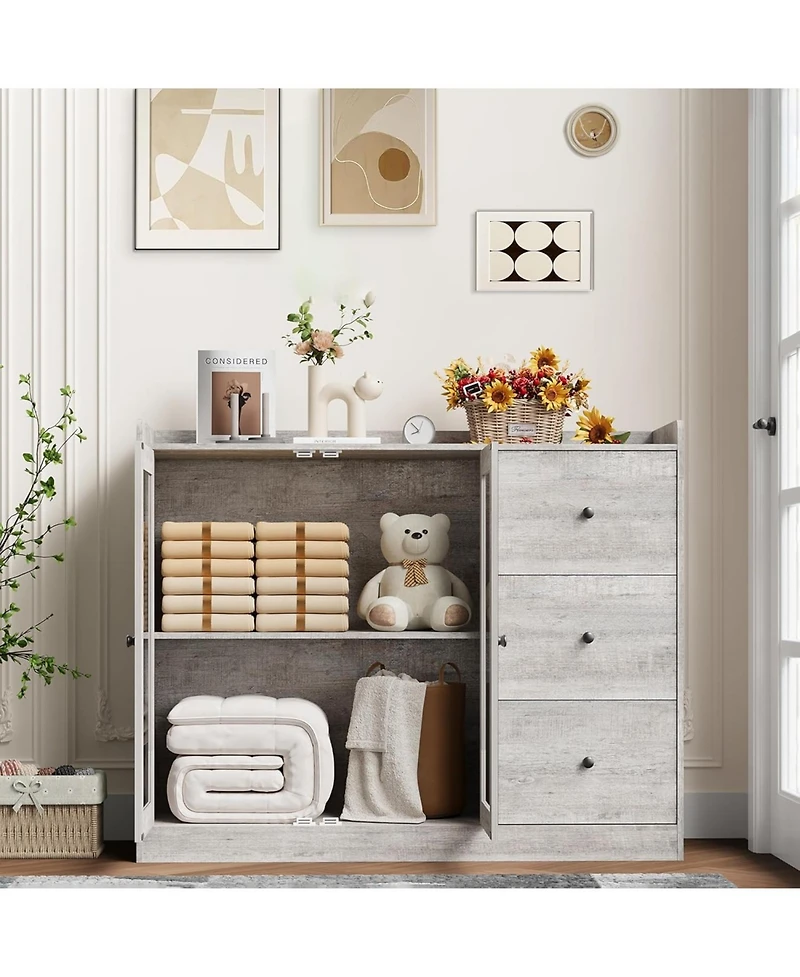 gaomon 43 Inch Buffet Cabinet with Storage, Modern Sideboard with Guardrail, Adjustable Shelves, 3 Drawers, Kitchen, Grey