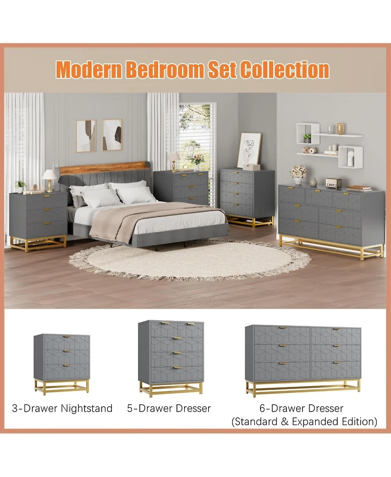 gaomon 53.5 Inch 6-Drawer Modern Dresser, Wide Chest with Gold Metal Legs & Handles, Storage for Bedroom, Living Room, Hallway, Grey