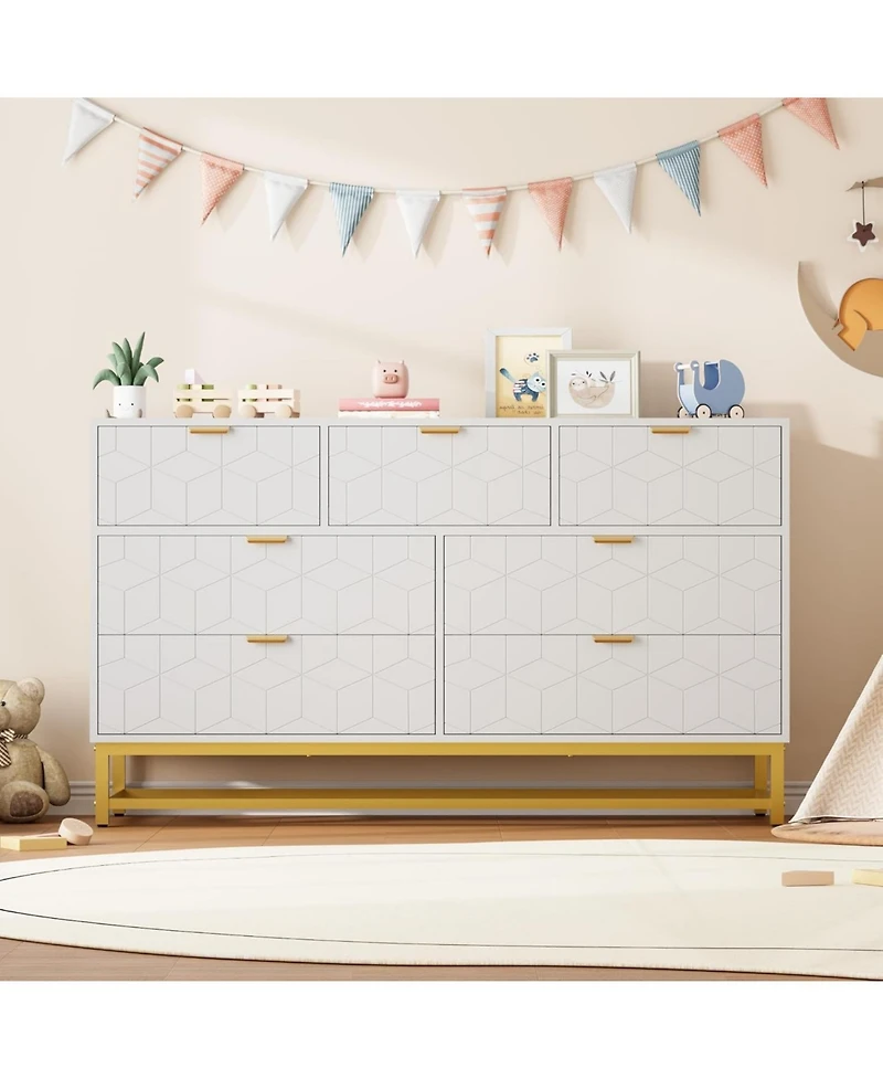 gaomon 53.5 Inch White 7-Drawer Modern Dresser, Triple Chest, Gold Accents, Long Storage for Tv Stand, Closet, Living Room