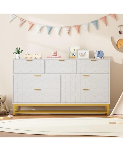 gaomon 53.5 Inch White 7-Drawer Modern Dresser, Triple Chest, Gold Accents, Long Storage for Tv Stand, Closet, Living Room
