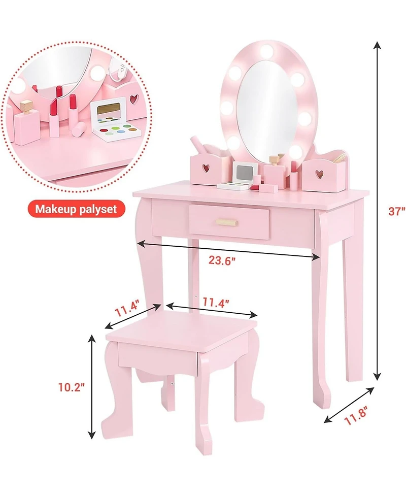 gaomon Kids Vanity with Lighted Mirror, Toddler Vanity Table and Chair Set, Makeup Playset for Girls, Pink