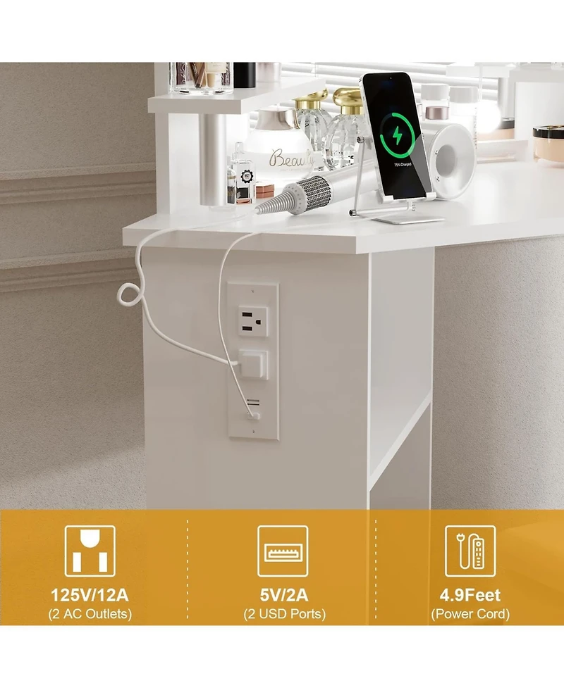 gaomon Corner Makeup Vanity Desk with Lights, Power Outlet, Rotating Drawers, Adjustable Brightness, Stool