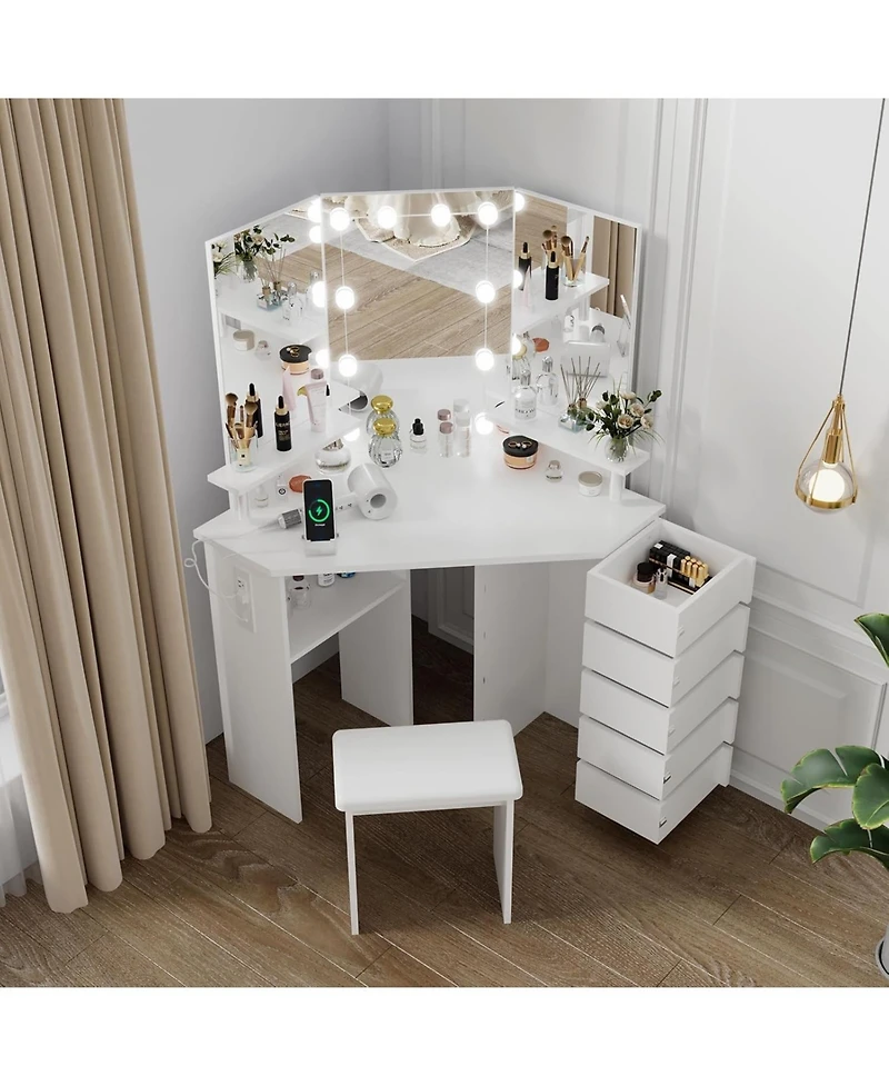 gaomon Corner Makeup Vanity Desk with Lights, Power Outlet, Rotating Drawers, Adjustable Brightness, Stool