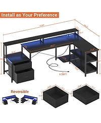 Aheaplus 72.8" L Shaped Desk with File Drawer, Reversible Computer Power Outlet, Led Strip, Monitor Stand & Storage Shelves