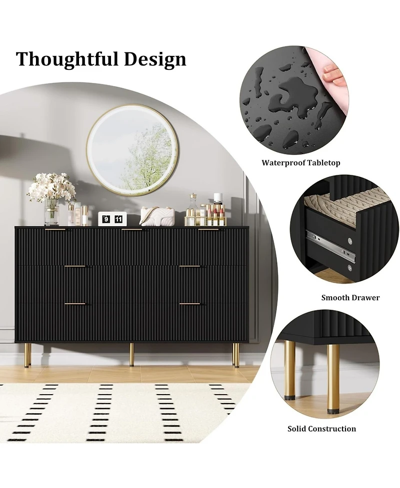 gaomon 6-Drawer Modern Fluted Wood Dresser with Gold Handle, Large Storage Organizer for Bedroom, Living Room