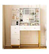 gaomon White Vanity Desk with Mirror & Led Lights, Makeup Dressing Table with Power Outlet, Bedroom