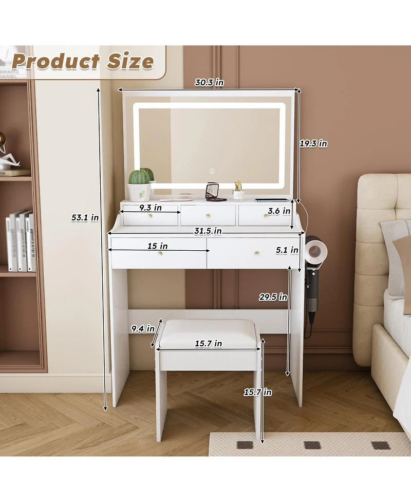 Streamdale Furniture Modern Vanity Desk with Lighted Mirror & Outlet