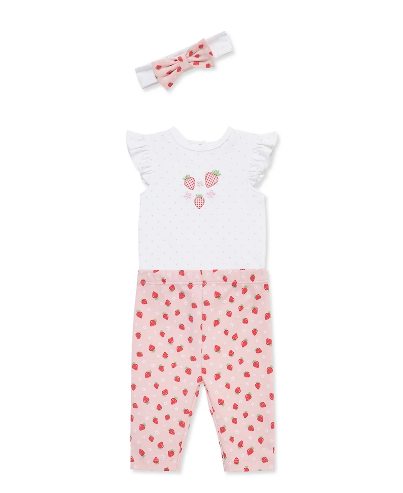 Little Me Baby Girls' Strawberry Printed Bodysuit, Leggings and Headband, 3-Piece Set