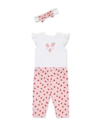 Little Me Baby Girls' Strawberry Printed Bodysuit, Leggings and Headband, 3-Piece Set