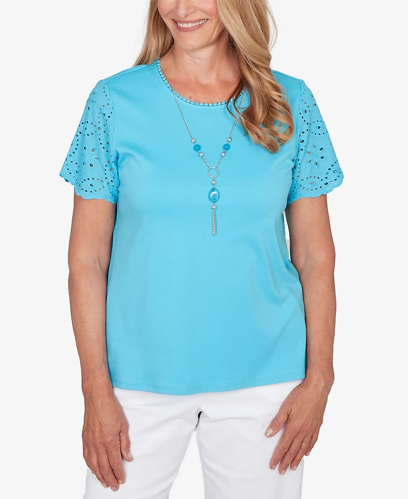 Alfred Dunner Women's Classic Solid Eyelet Sleeve T-Shirt with Necklace