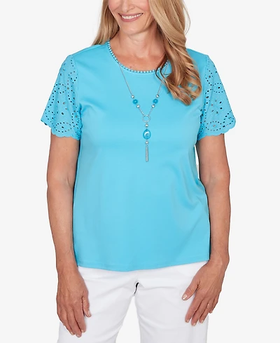 Alfred Dunner Women's Classic Solid Eyelet Sleeve T-Shirt with Necklace