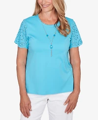 Alfred Dunner Women's Classic Solid Eyelet Sleeve T-Shirt with Necklace