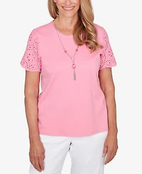 Alfred Dunner Women's Classic Solid Eyelet Sleeve T-Shirt with Necklace