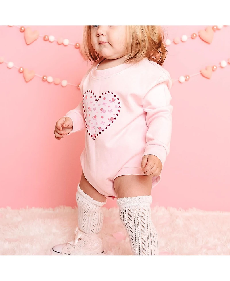 Sweet Wink Baby Girls Dainty Rose Pearl Heart Patch Long Sleeve Romper