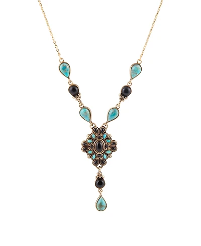 Barse Barcelona Black Onyx and Blue Turquoise Golden Y-Necklace