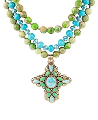 Barse Legacy Lime Green and Blue Turquoise Golden Cross Pendant Statement Necklace