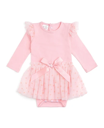 Sweet Wink Baby Girls Flocked Heart Valentine's Day Tiered Long Sleeve Tutu Bodysuit