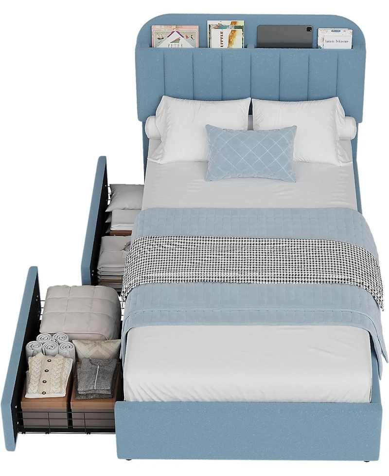 gaomon Boucle Storage Bed with Built-In Bookcase, 2 Drawers, Sturdy Frame