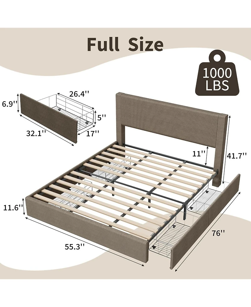 gaomon Full Corduroy Platform Bed with Tufted Wingback Headboard, 4 Storage Drawers, Wood Slats