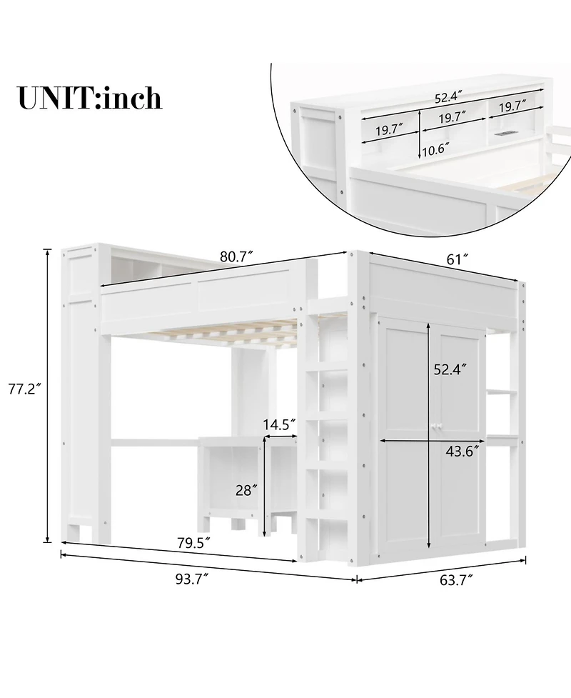 Streamdale Furniture Wooden Queen Loft Bed with Wardrobe, Desk, Storage Headboard
