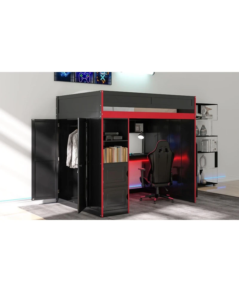Streamdale Furniture Gaming Loft Bed with Desk and Storage, Led Lights, Twin