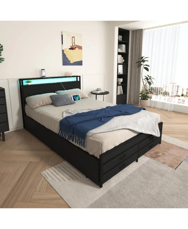 Streamdale Furniture Streamdale Full Size Bed Frame with 8 Storage Drawers & Led Headboard