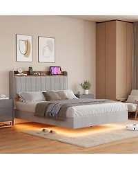 gaomon Full Size Floating Bed Frame with Led Lights, Charging Station, Storage Headboard, No Box Spring Needed, Grey